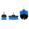 A set of three blue and black power scrubber brushes for drill attachments.