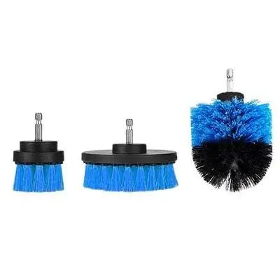 A set of three blue and black power scrubber brushes for drill attachments.
