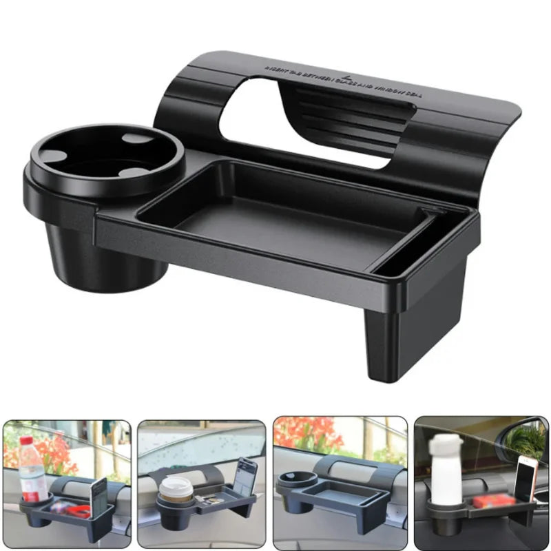 Black multi-purpose car door storage organizer with a cup holder and phone mount