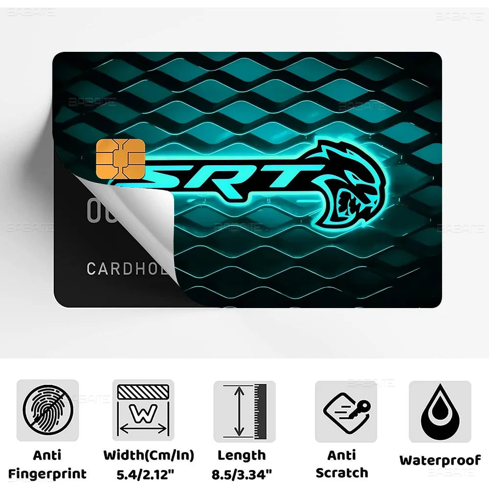 A black card sticker film featuring a blue and orange SRT Hellcat Demon Dodge graphic on a textured background.