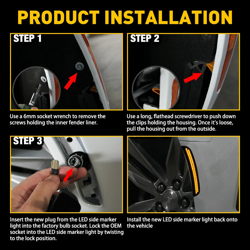 Three steps showing the installation of smoked LED side marker lights into a vehicle's fender liner and light assembly.