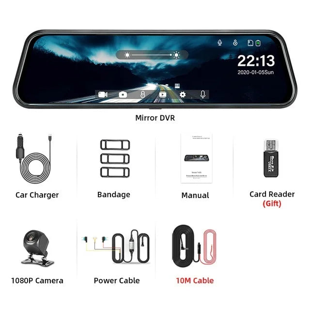 Caméra DVR noire pour voiture avec écran tactile et accessoires comme câble d'alimentation et lecteur de carte.