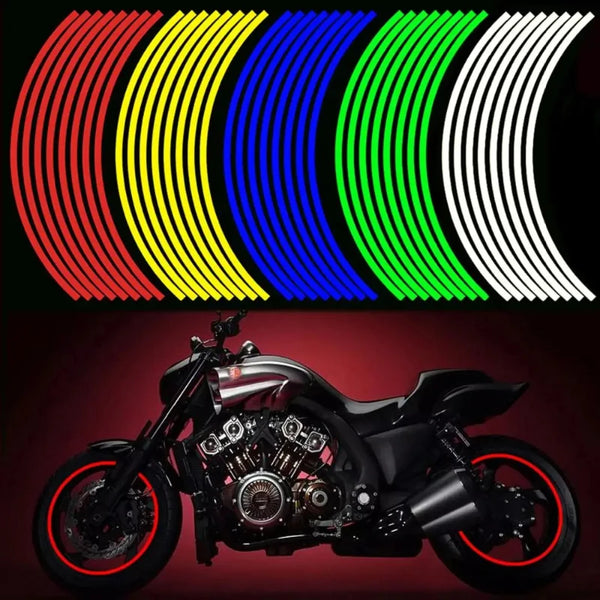 A motorcycle is shown with reflective wheel rim strips on the rims.