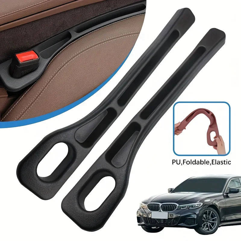 Black PU foldable elastic car seat gap filler organizer tool shown next to a car.