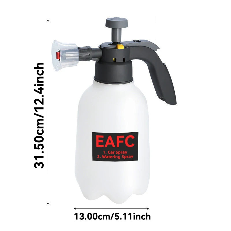 A black hand pump foam sprayer with a white bottle and a black handle, used for car, garden, or cleaning.