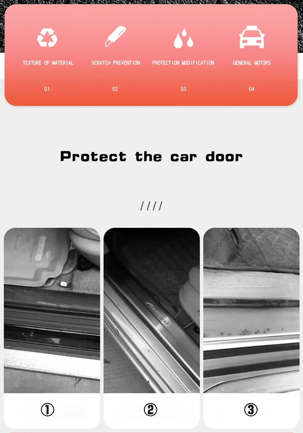 Three images showing car door sill protectors installed on a Ford F-150 vehicle.