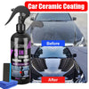A bottle of 3 in 1 ceramic coating spray is shown with before and after results on a car's surface.
