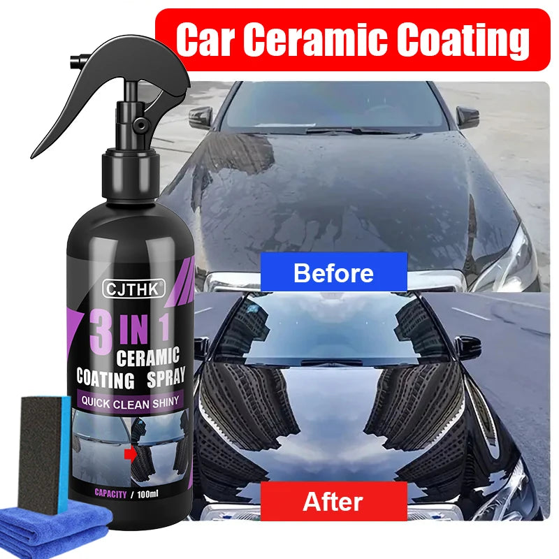 A bottle of 3 in 1 ceramic coating spray is shown with before and after results on a car's surface.