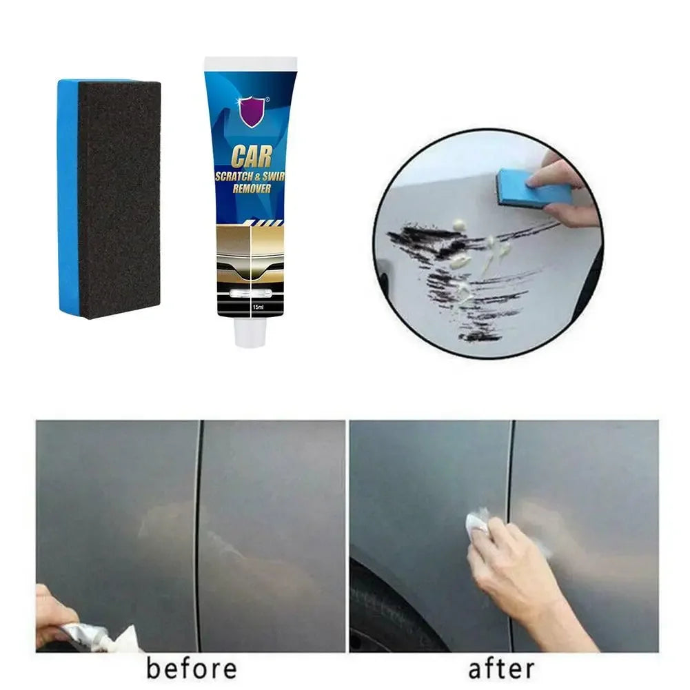 Before and after images showing the effectiveness of a car scratch and swirl remover polish on a car surface.
