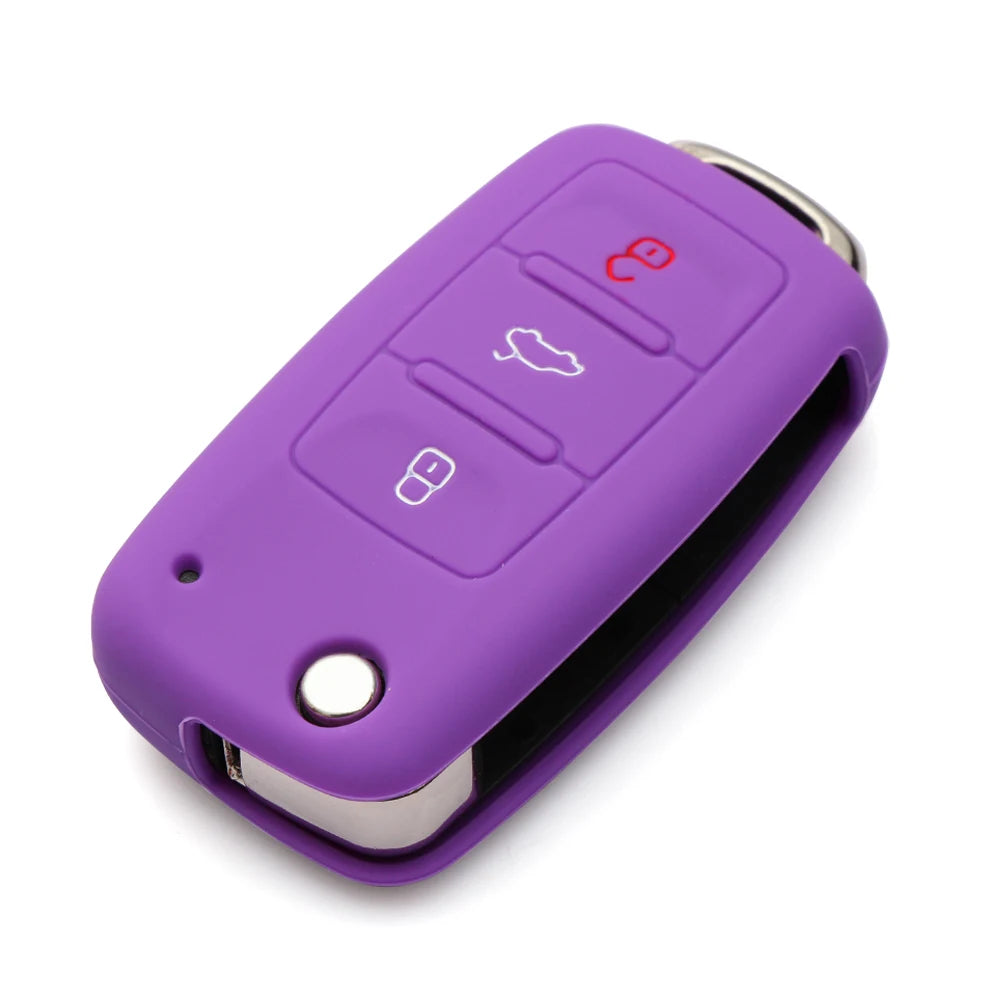 A purple silicone car key cover for Volkswagen models with a sliding mechanism.