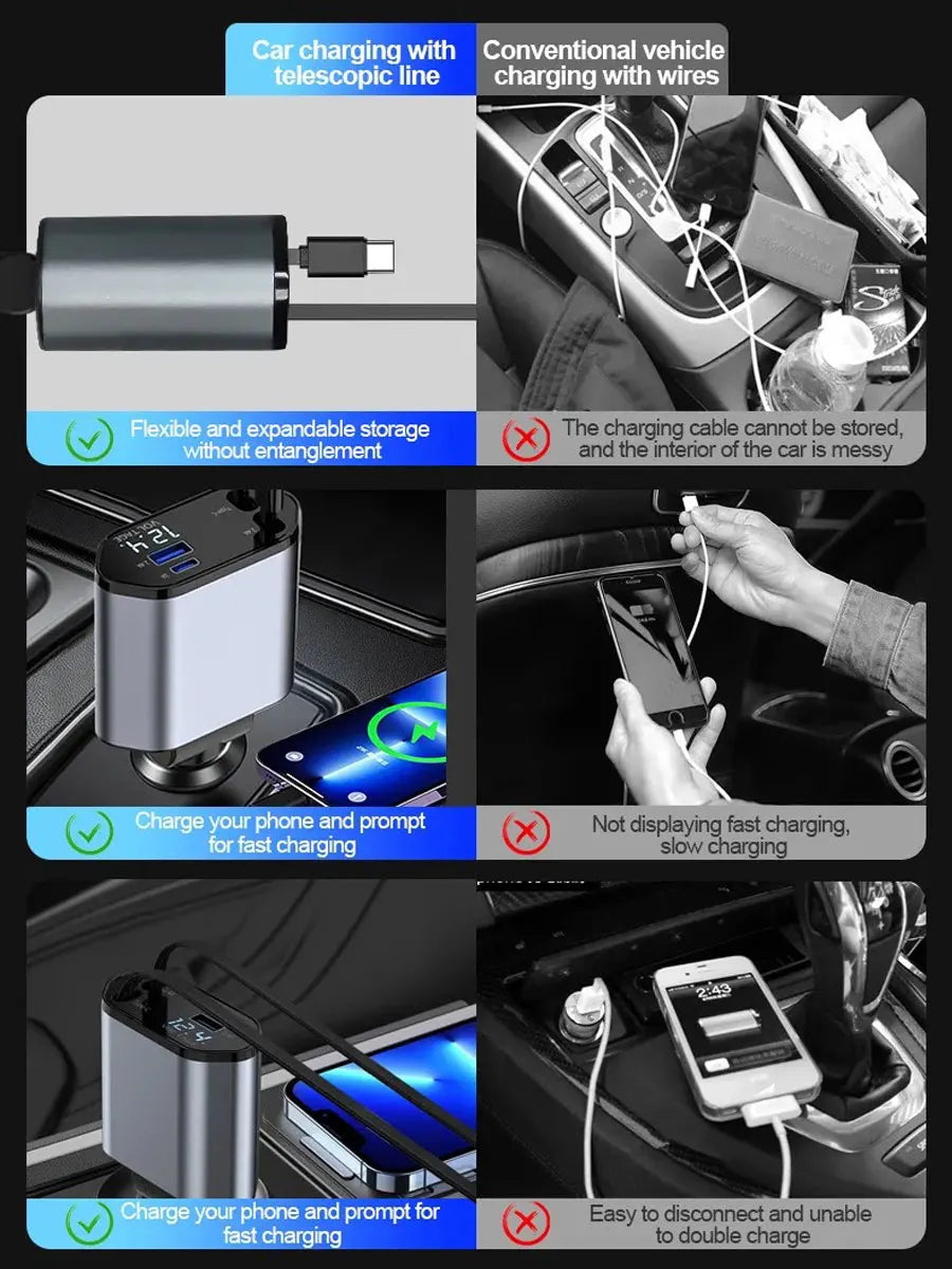 Comparaison de la charge des véhicules : câbles traditionnels contre un chargeur universel 4-en-1 pour téléphones et autres a