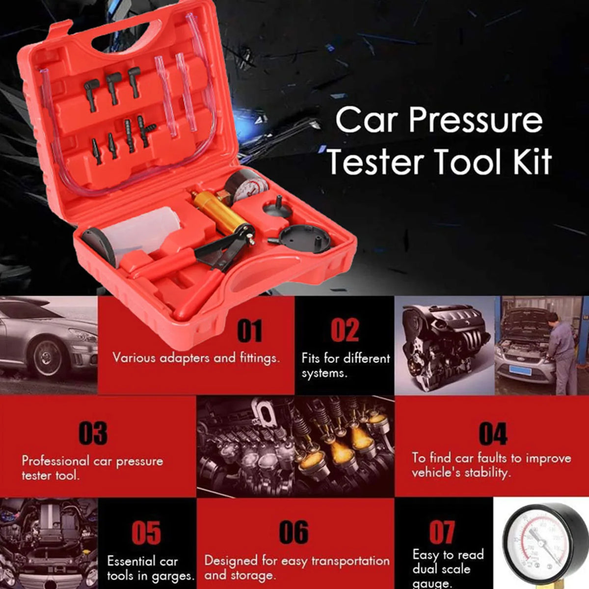 An open red kit of tools for car pressure testing, showing adapters, fittings, and components.