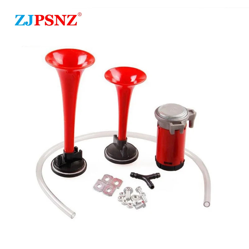 Red air horn kit with compressor and tubing for vehicles