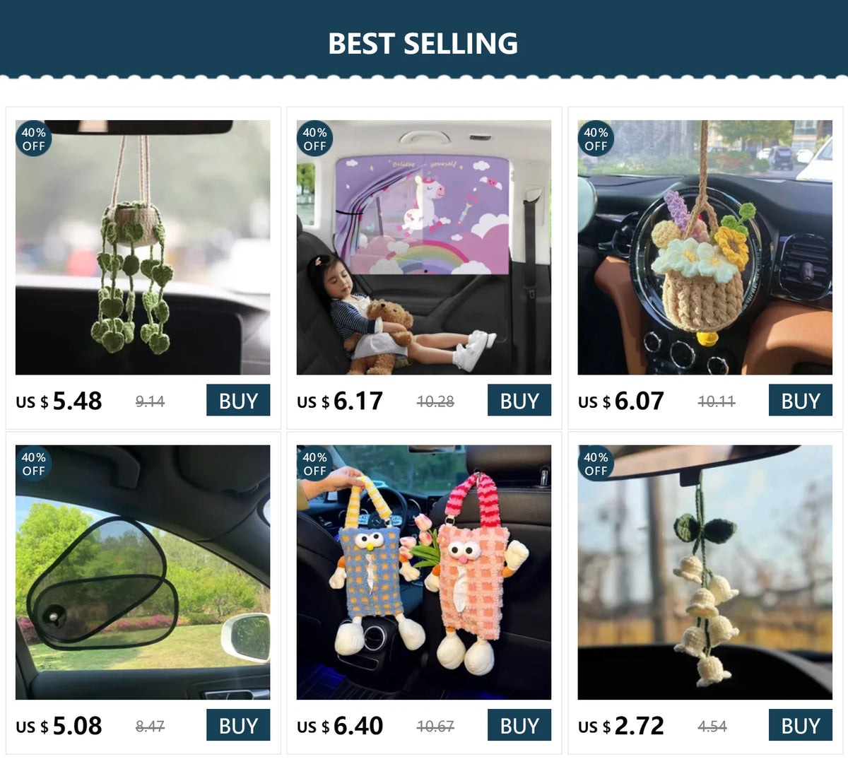 A collection of hanging car sun visors and anti-glare protection accessories displayed for sale.