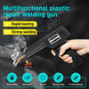 A hand holds a black multifunctional plastic repair welding gun demonstrating various welding techniques like plastic welding