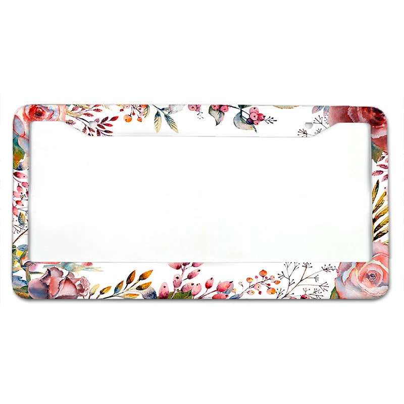 Rechteckige Aluminium-Kennzeichenabdeckung mit floralen und botanischen Mustern.