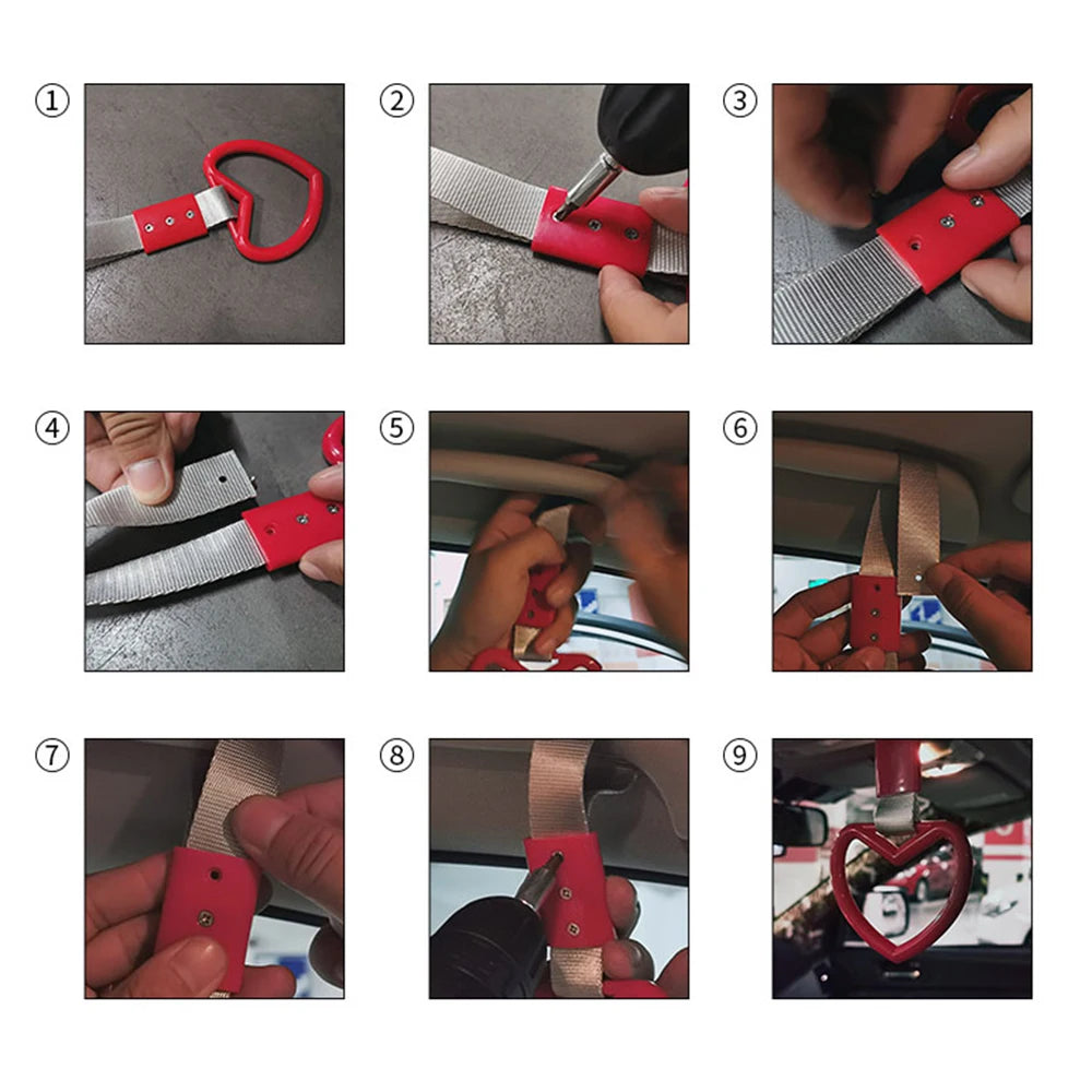 A set of car rear bumper warning straps and a hand pull ring with red and silver components.