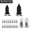 A set of black tire repair plugs in small and large sizes, including individual plugs and a larger cylindrical plug.