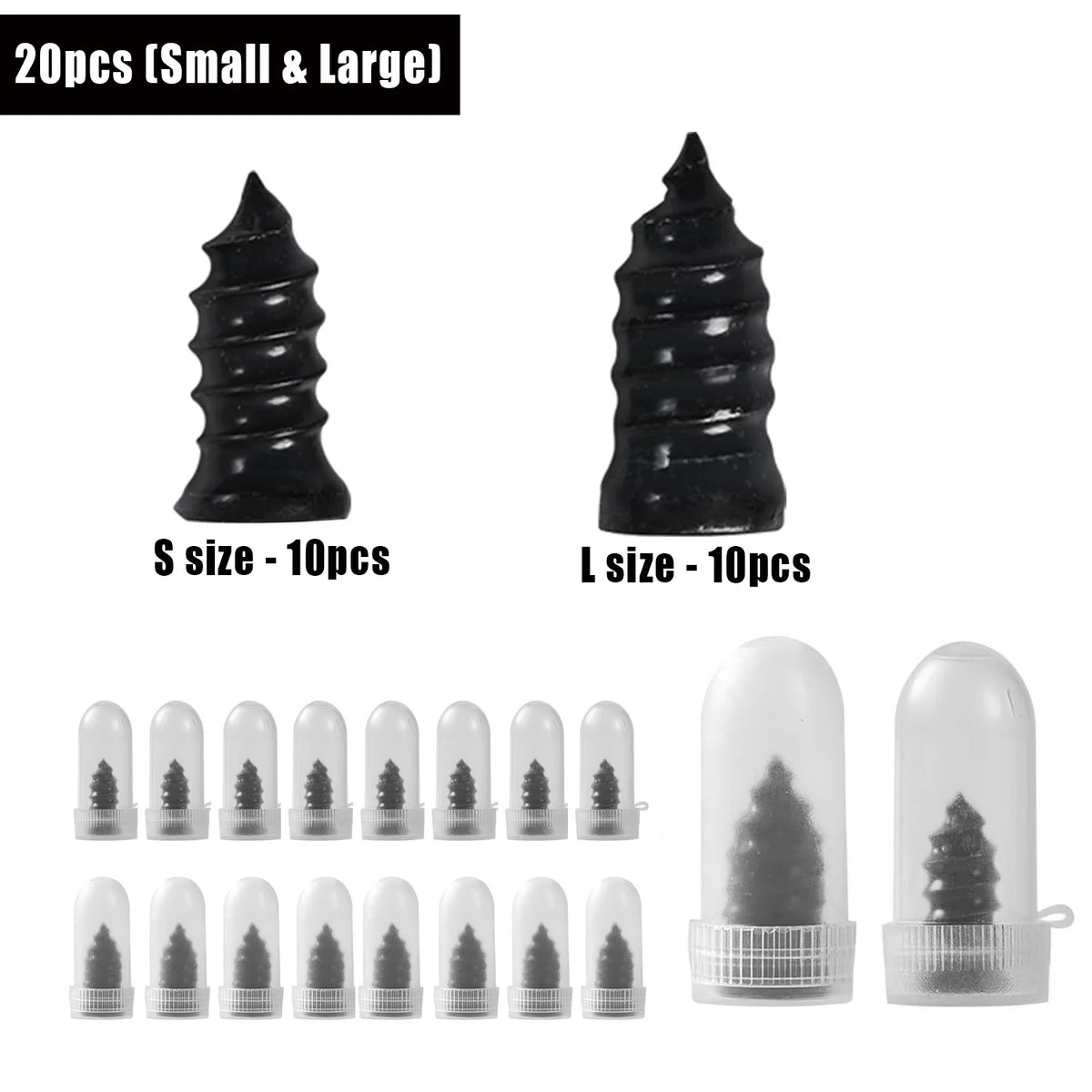 A set of black tire repair plugs in small and large sizes, including individual plugs and a larger cylindrical plug.