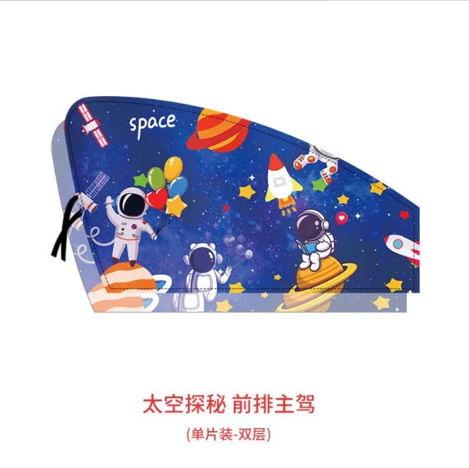 A set of magnetic double-layer car window shades featuring space and astronaut designs.