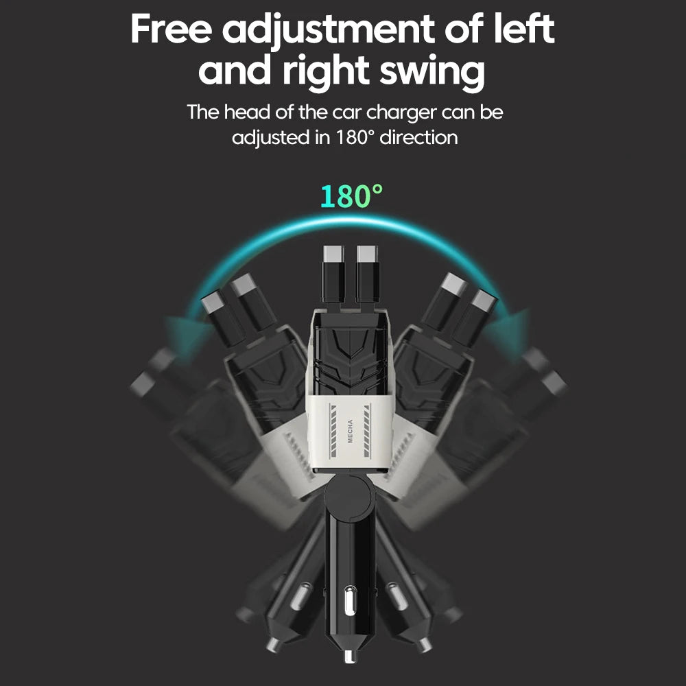 A car charger with adjustable left and right swing, showing the head can be adjusted in 180 degrees.