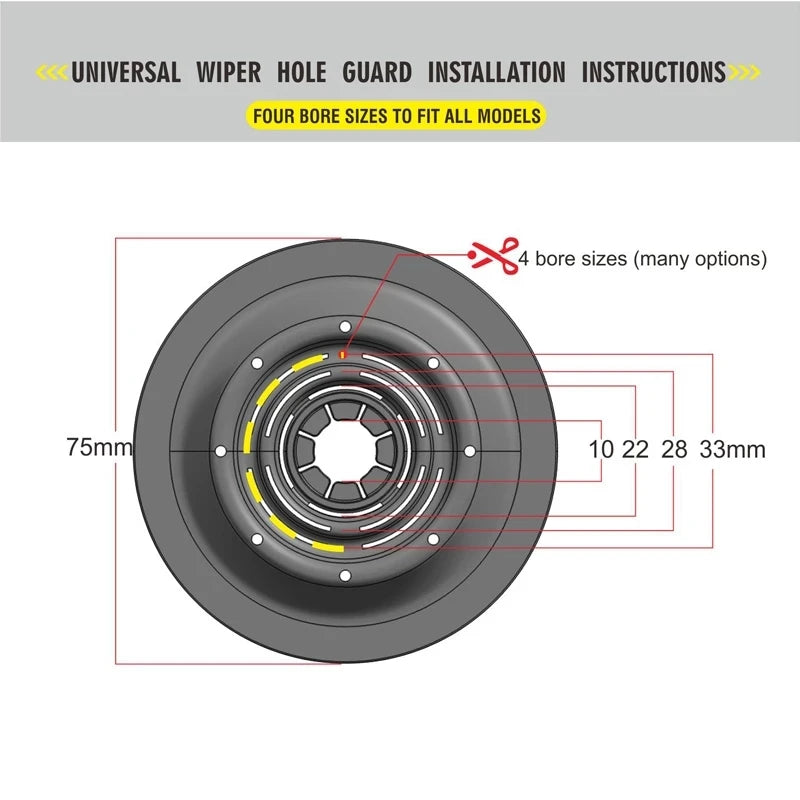 Installation instructions for a universal wiper hole guard with four bore sizes to fit all models