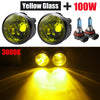 Yellow glass 100W fog light kit with blue filament bulbs and a bright yellow beam pattern.