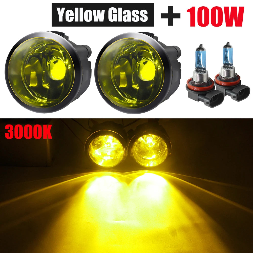 Yellow glass 100W fog light kit with blue filament bulbs and a bright yellow beam pattern.