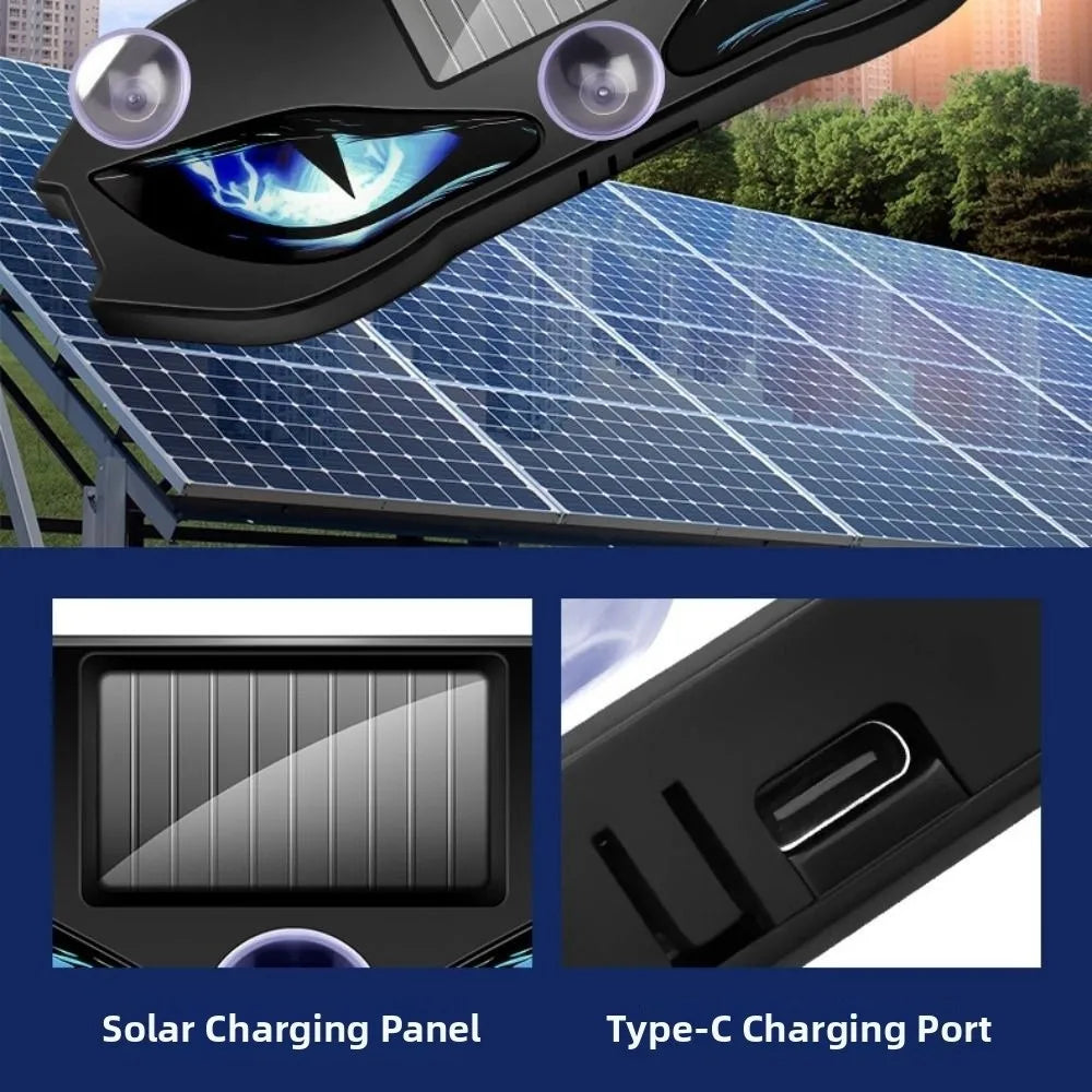 A black automotive light featuring solar charging panels and a Type-C charging port.