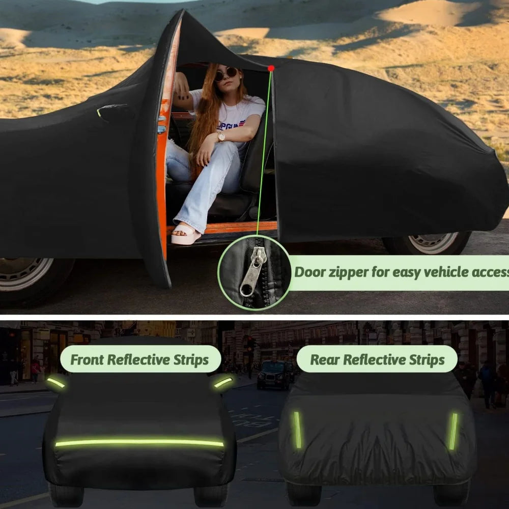 A black all-weather windproof car cover is shown being used on a VW New Beetle, demonstrating easy vehicle access and featuri