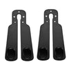A pair of black universal car headrest hooks designed for storage organization.