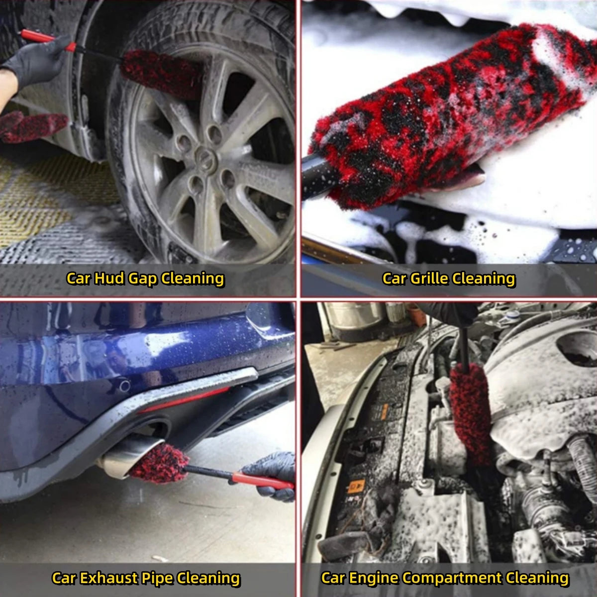 A set of bendable detailing brushes used for cleaning car components like wheel gaps, grilles, exhaust pipes, and engine comp