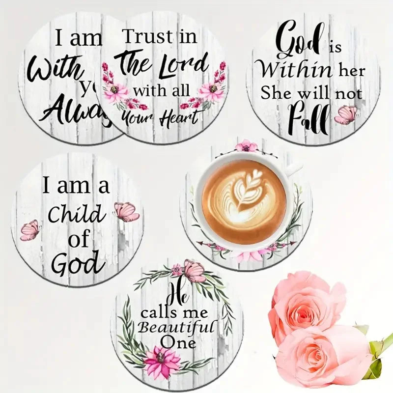 A set of six hand-painted wooden coasters featuring inspirational Christian phrases and floral designs.