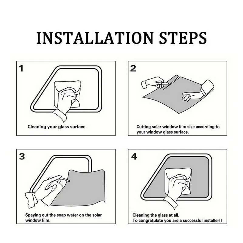 Cuatro pasos para instalar película reflectante de bloqueo de calor en ventanas, mostrando procesos de limpieza y aplicación.