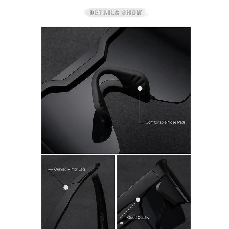 Gros plan des lunettes de sport cyclisme montrant les embouts confortables, la branche incurvée et une finition de bonne qual