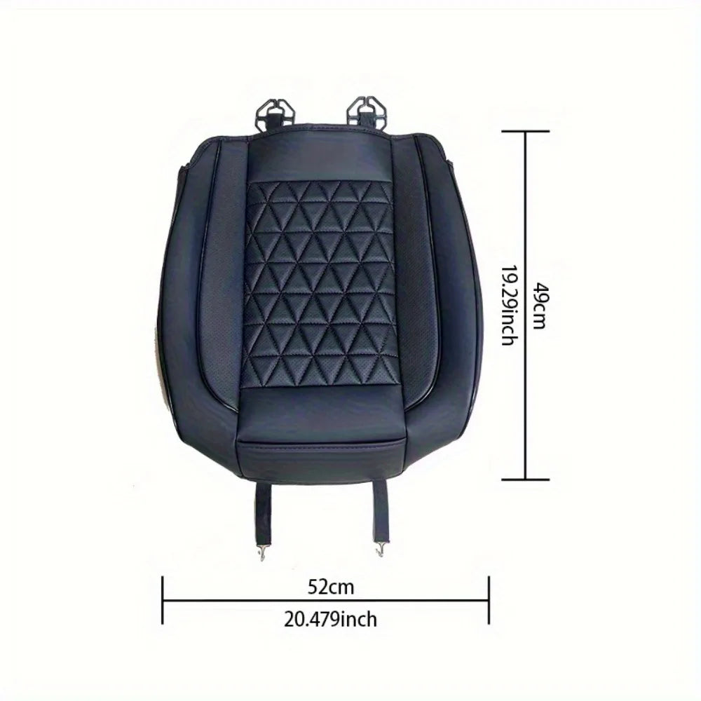 Black universal car front seat covers featuring diamond stitching and adjustable straps.