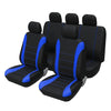A set of four black seat and cushion covers with blue accents shown from above.