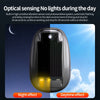 An oval black optical sensing light device showing night and daytime effects.