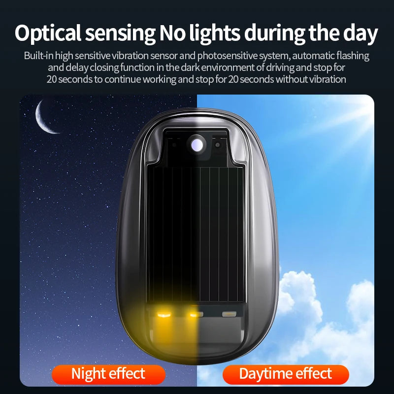 An oval black optical sensing light device showing night and daytime effects.