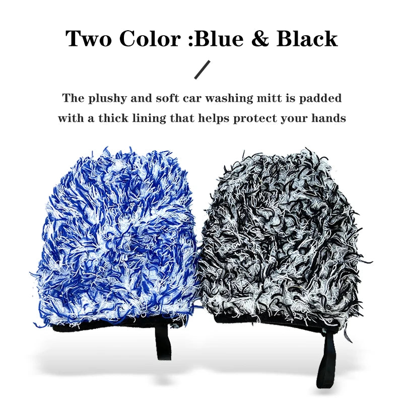 A blue and black plush car washing mitt is shown, padded with a thick lining to protect hands.