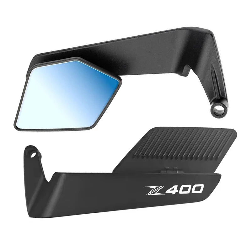 A black adjustable motorcycle side mirror with a reflective glass surface.