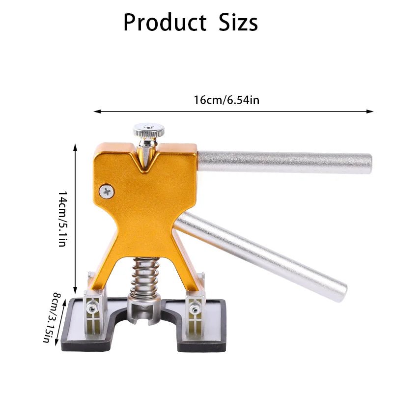 A gold-colored plastic dent puller kit with a silver rod and mounting plate shown in a side view.