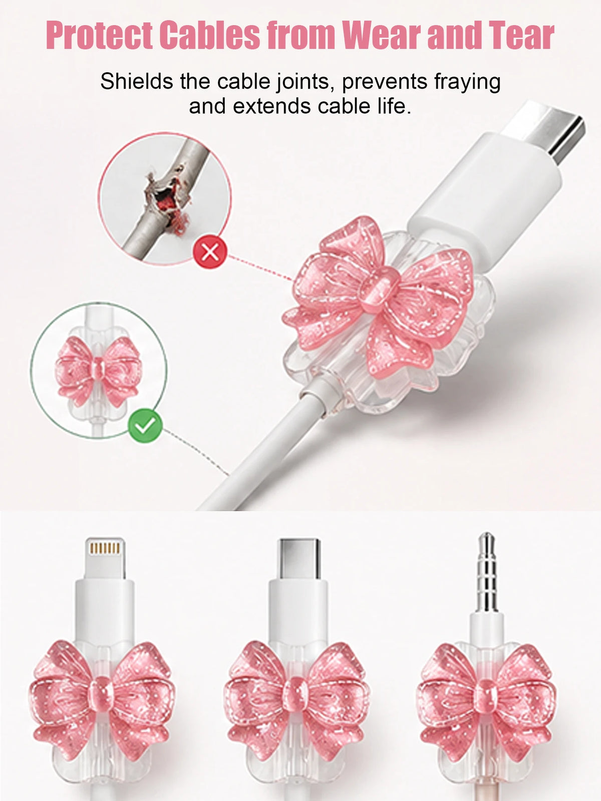 Pink bow cable protectors designed to shield joints, prevent fraying, and extend the life of lightning and Type-C cables.