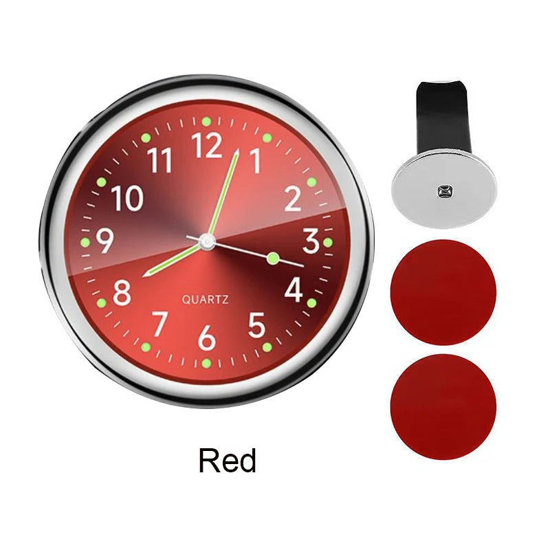 A round red quartz stick-on car clock with a black mounting base.