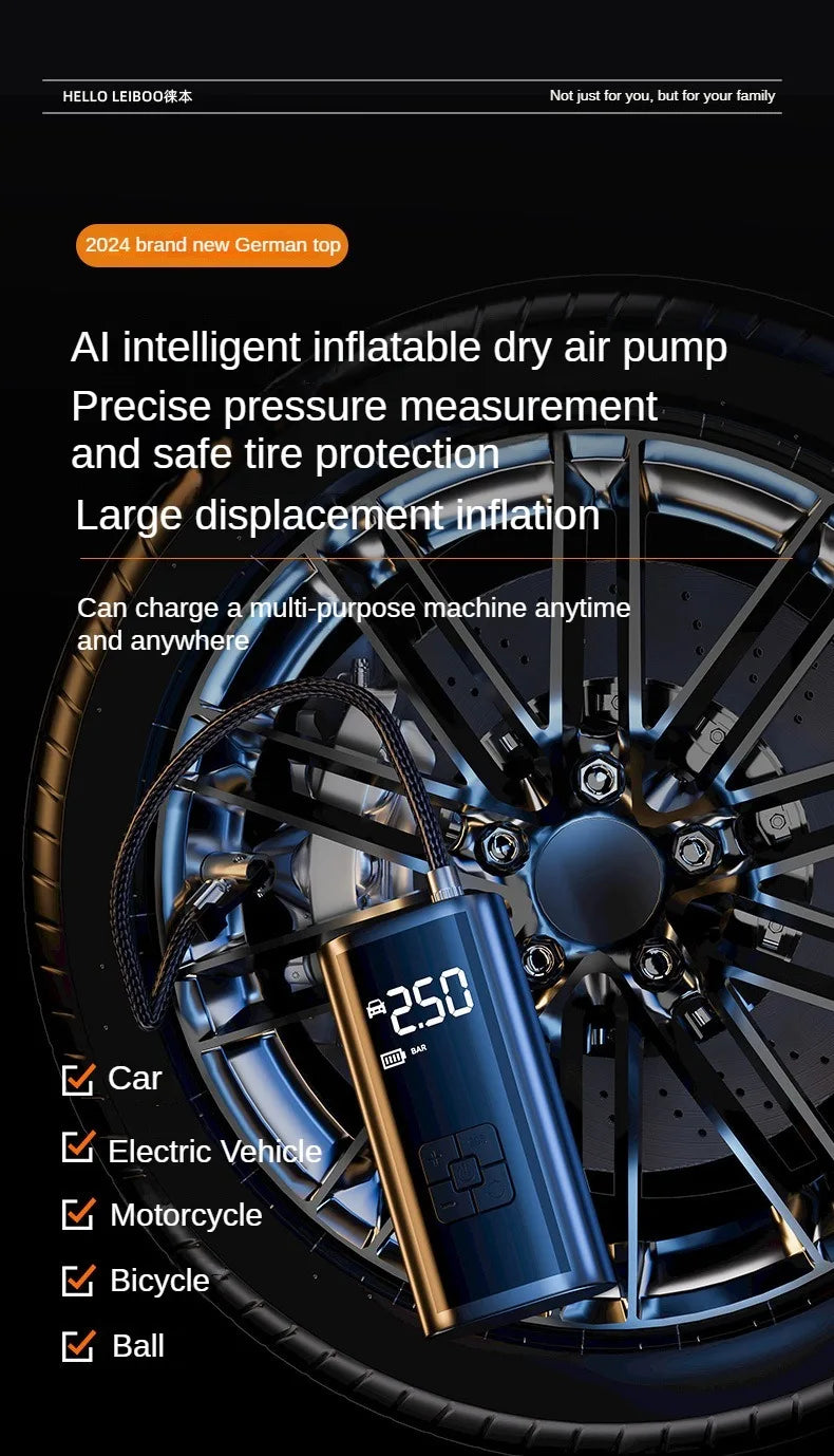 A blue portable tire inflator air compressor is shown next to a car wheel, illustrating its use for various vehicles.