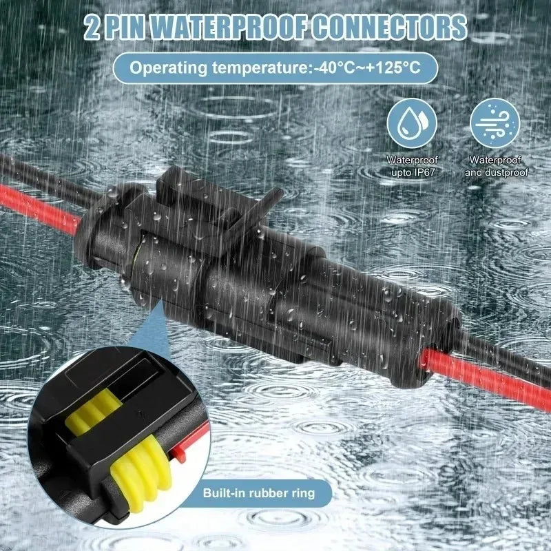 Close-up view of a black 2-pin waterproof connector with a yellow rubber ring and red wires, showing its durable construction