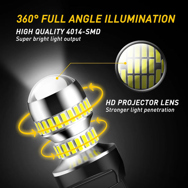 A close-up view of a high quality 4014-SMD LED projector lens for a vehicle light, demonstrating 360 degree illumination.