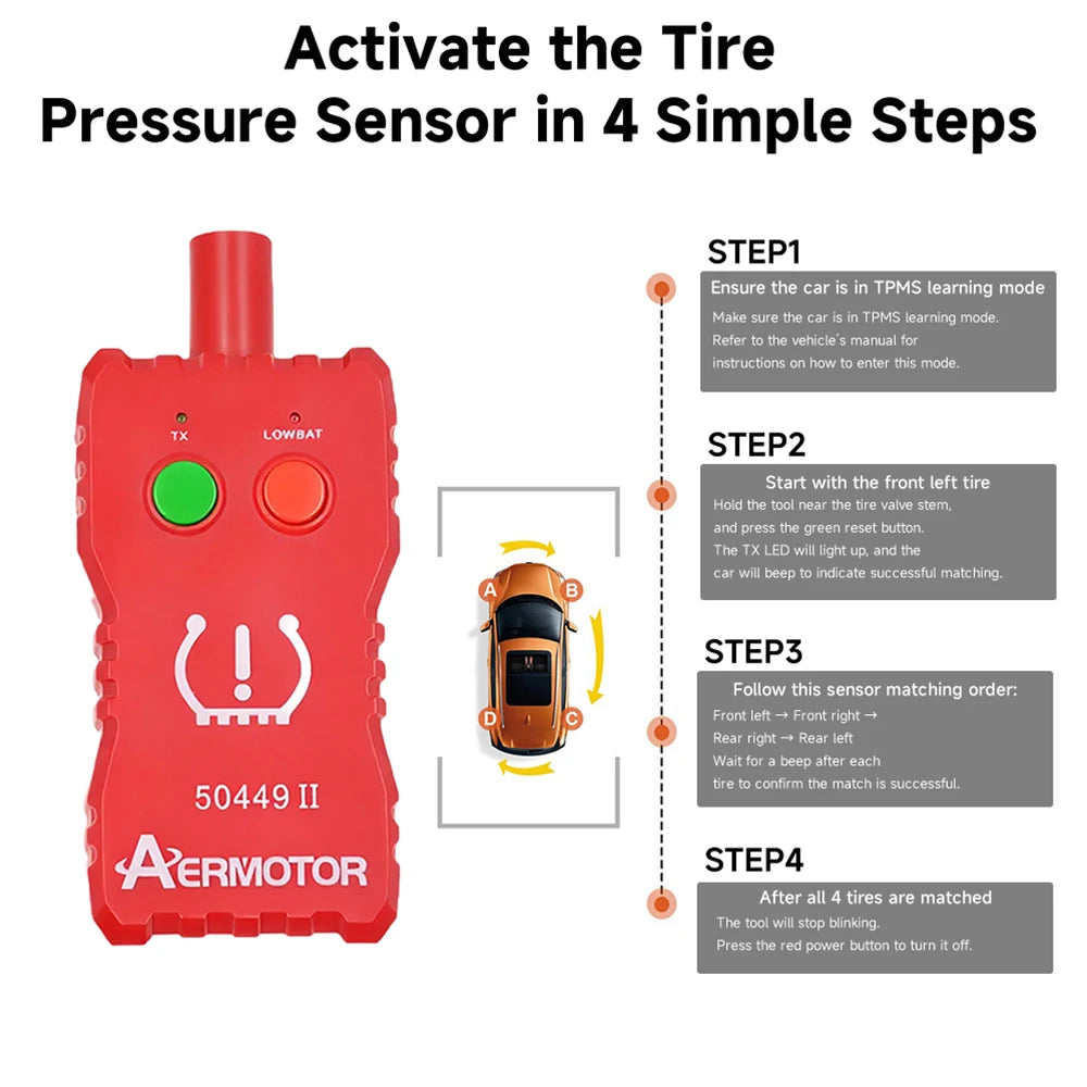A red tire pressure sensor tool with four steps for activating the sensor in a car