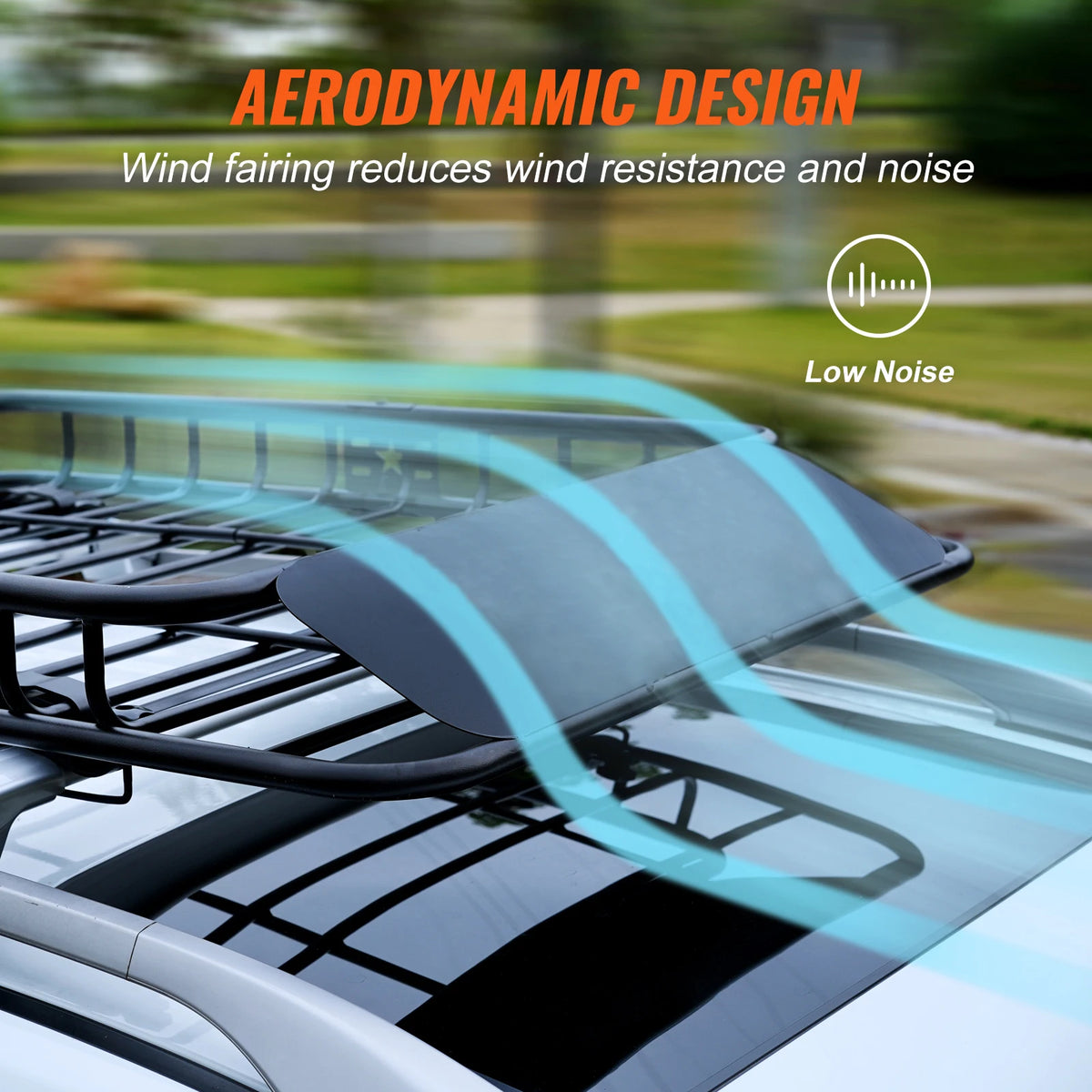 Nahaufnahme eines schwarzen, schweren Dachgepäckkörpers auf einem weißen Fahrzeug mit aerodynamischem Design.
