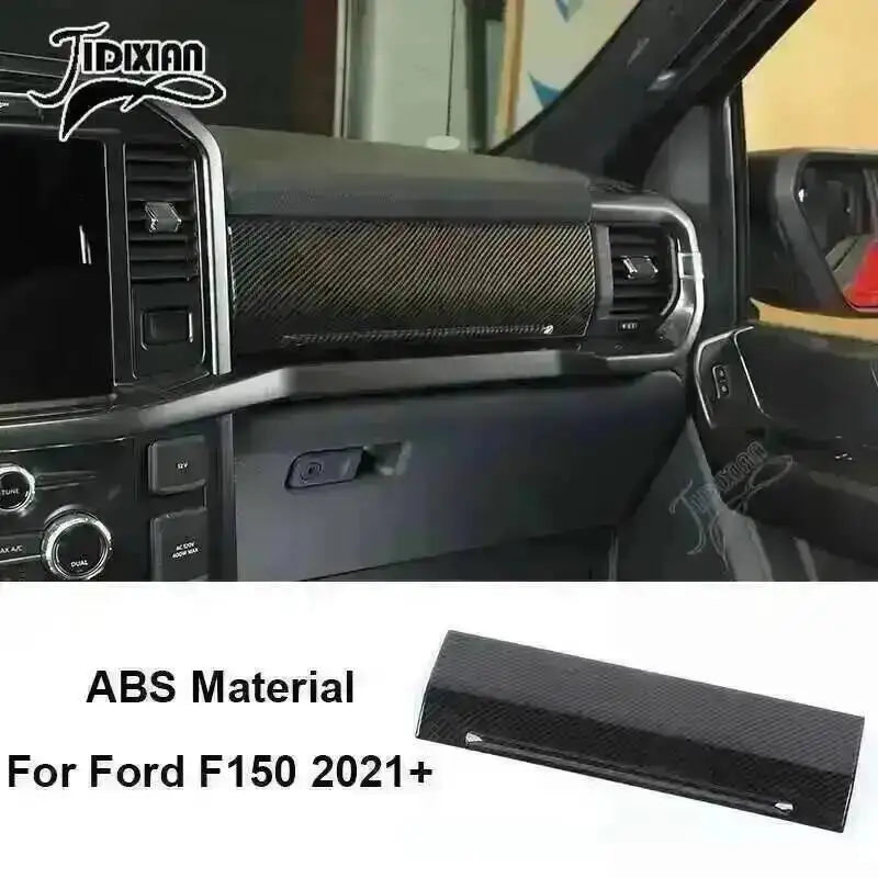 Carbon fiber grain interior trim kit for Ford F150 2021+ truck dashboard and door panel.